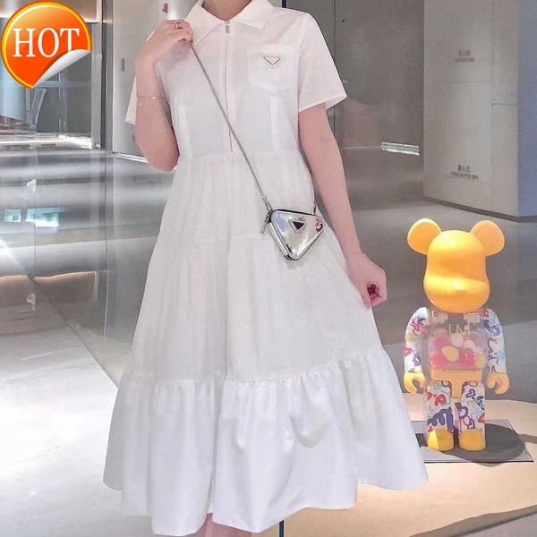 designer luxury quality triangle label lapel zipper dress fashion cake hemline stitching nylon half sleeve long skirt, White
designer luxury quality triangle label lapel zipper dress fashion cake hemline stitching nylon half sleeve long skirt, White