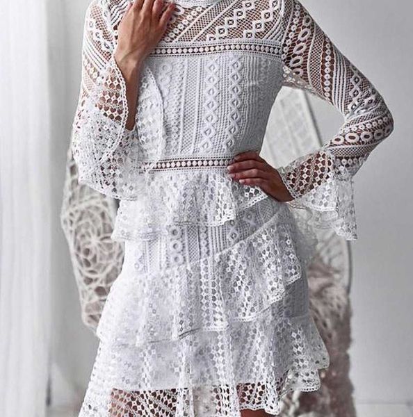 2022 new design fashion hollow out ruffles flare sleeves lace mesh dress women, White;black
2022 new design fashion hollow out ruffles flare sleeves lace mesh dress women, White;black