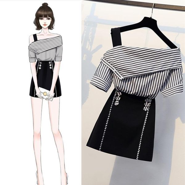 dress plus size summer women two pieces set female short sleeve one shoulder striped print and aline high waist mini skirt suits, White
dress plus size summer women two pieces set female short sleeve one shoulder striped print and aline high waist mini skirt suits, White