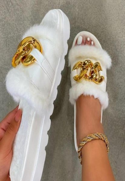 women big gold chain slippers round head solid color flat bottom outside wear fur shoes9325902, Black
women big gold chain slippers round head solid color flat bottom outside wear fur shoes9325902, Black