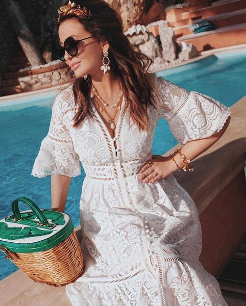 short sleeve v neck fashion summer casual midi dresses boho women clothing lace dress, White;black
short sleeve v neck fashion summer casual midi dresses boho women clothing lace dress, White;black