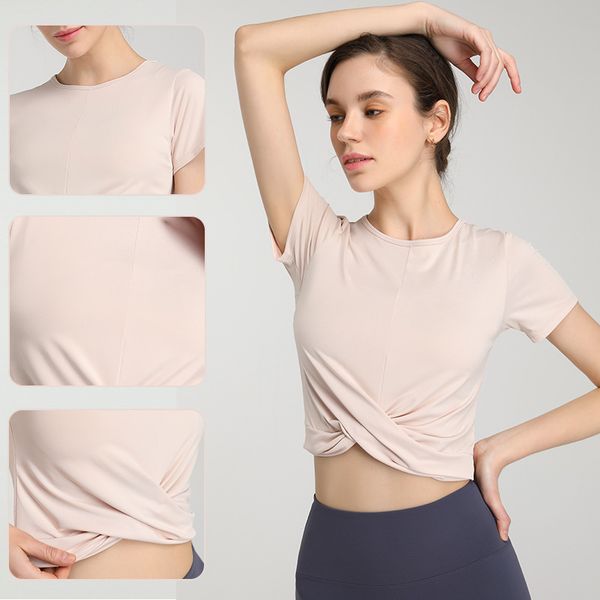 

New nude fast drying breathable yoga clothes workout morning running sports running short sleeve T-shirt sexy fashion stretch fitness wear women, Peony powder