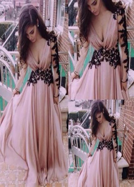 long sleeves black lace appliques evening dresses dusty pink chiffon prom party dresses aline deep vneck plunging designer prom 7442965, Black;red
long sleeves black lace appliques evening dresses dusty pink chiffon prom party dresses aline deep vneck plunging designer prom 7442965, Black;red