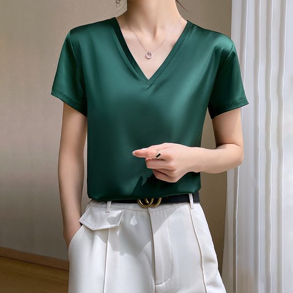 Women's T-shirt V-neck White Black Summer New Ice Silk Short Sleeve Women's Thin Loose Large White Top Bottom Top Royal Sister Style Satin T-shirt Women, Silver grey
Women's T-shirt V-neck White Black Summer New Ice Silk Short Sleeve Women's Thin Loose Large White Top Bottom Top Royal Sister Style Satin T-shirt Women, Silver grey