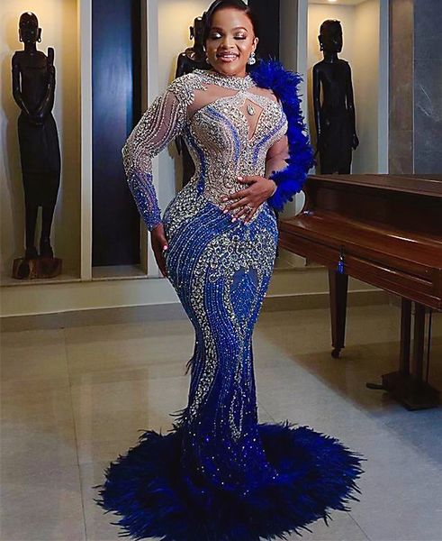 2023 may aso ebi royal blue prom dress beaded crystals mermaid feather evening formal party second reception birthday engagement gowns dress