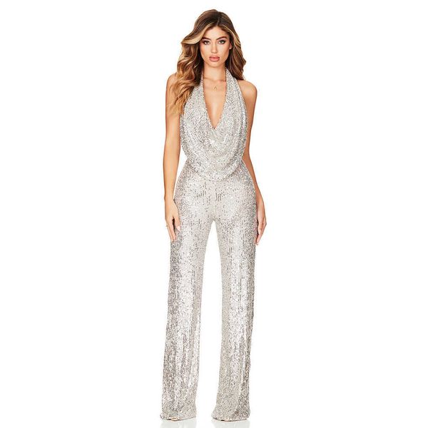elegant women slim trousers temperament v neck sequined jumpsuits one piece trousers sequined solid femme party clothing, White
elegant women slim trousers temperament v neck sequined jumpsuits one piece trousers sequined solid femme party clothing, White