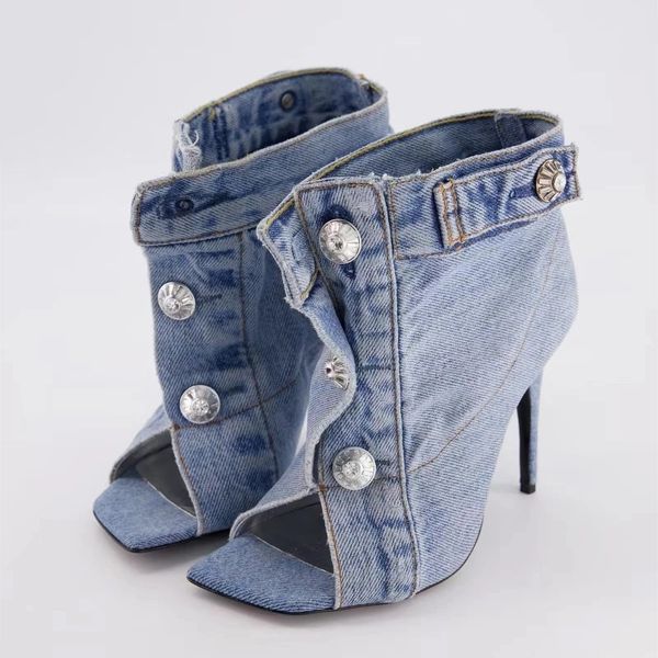 2023 summer new wash denim vintage fashion slim high heel women sandals european and american fashion show shoes, Black
2023 summer new wash denim vintage fashion slim high heel women sandals european and american fashion show shoes, Black