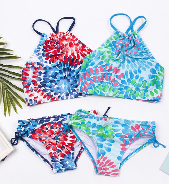girls swimwear baby swimsuit girl bikini split drop print for 3-14 years, Blue