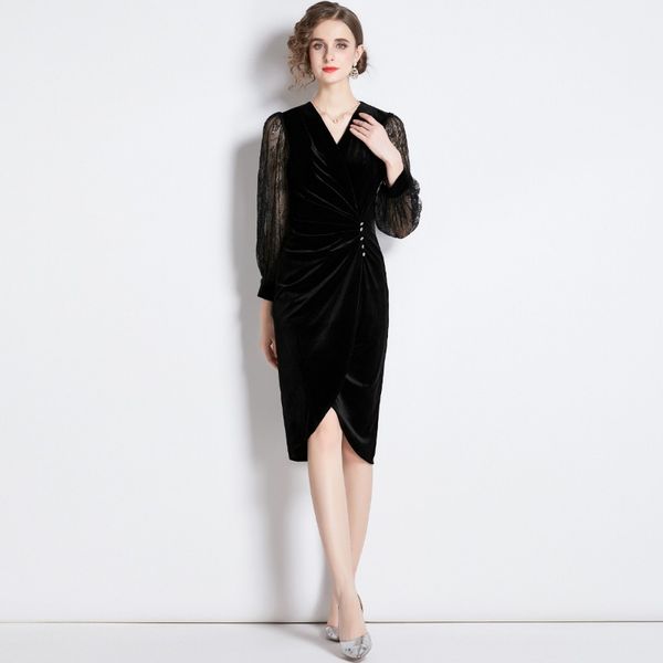 2023 new summer european station fashion women's step dress long sleeve v-neck lace stitching velvet dress, Black;gray
2023 new summer european station fashion women's step dress long sleeve v-neck lace stitching velvet dress, Black;gray