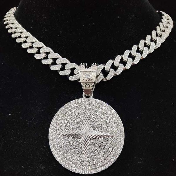 

men women hip hop round pendant necklace with 13mm crystal cuban chain iced out bling hiphop necklaces fashion charm jewelry, Silver