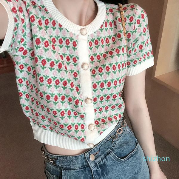 fashion women's summer short sleeve flower jacquard single breasted knitted tees shirt, White
fashion women's summer short sleeve flower jacquard single breasted knitted tees shirt, White