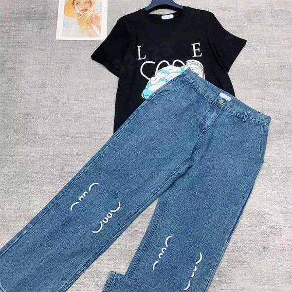two piece set for women pants italian fashion embroidered logo short sleeves t shirt straight leg wide leg jeans sets apparel designer women, White
two piece set for women pants italian fashion embroidered logo short sleeves t shirt straight leg wide leg jeans sets apparel designer women, White