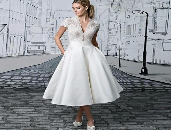 vintage lace tea length short wedding dresses with cap sleeves see through v neck 1950s wedding bridal gowns vestido de novia cust3794085, White
vintage lace tea length short wedding dresses with cap sleeves see through v neck 1950s wedding bridal gowns vestido de novia cust3794085, White