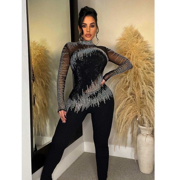2023 fall women clothes fashion mesh perspective drilling trousers long sleeve jumpsuit, White
2023 fall women clothes fashion mesh perspective drilling trousers long sleeve jumpsuit, White