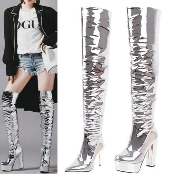 new patent leather sliver pleated over the knee platform boots stage performance walk show night club thigh boots woman6108930, Black
new patent leather sliver pleated over the knee platform boots stage performance walk show night club thigh boots woman6108930, Black