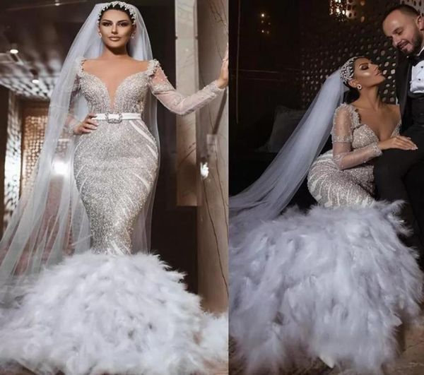 2022 luxury sparkly mermaid wedding dresses v neck sequins beaded feather long sleeves bridal gown tiered ruffles sweep train vest7650171, White
2022 luxury sparkly mermaid wedding dresses v neck sequins beaded feather long sleeves bridal gown tiered ruffles sweep train vest7650171, White
