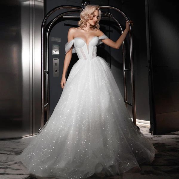 stunning off the shoulder glitter wedding dresses for bride v-neck tulle a line bridal gown custom made summer garden robe de mariee, White
stunning off the shoulder glitter wedding dresses for bride v-neck tulle a line bridal gown custom made summer garden robe de mariee, White