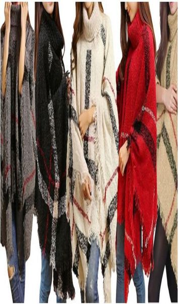 high turtle neck plaid poncho women knitted striped tassel sweater 507420, Blue;gray
high turtle neck plaid poncho women knitted striped tassel sweater 507420, Blue;gray