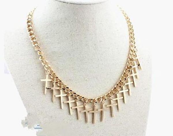 chunky chain gold plated drop cross charms necklace jewelry03922175, Silver 
chunky chain gold plated drop cross charms necklace jewelry03922175, Silver