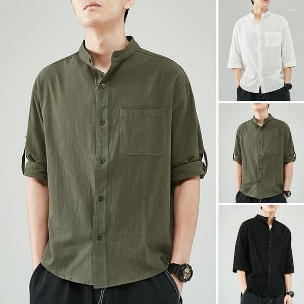 men's casual shirts men spring summer shirt stand collar three quarter sleeves single-breasted cardigan loose match pants patch pocket, White;black
men's casual shirts men spring summer shirt stand collar three quarter sleeves single-breasted cardigan loose match pants patch pocket, White;black