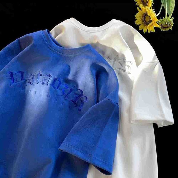 american suede t-shirt oversize trendy brand blue short sleeved men's design sense 5/4 sleeveshlab, White;black
american suede t-shirt oversize trendy brand blue short sleeved men's design sense 5/4 sleeveshlab, White;black