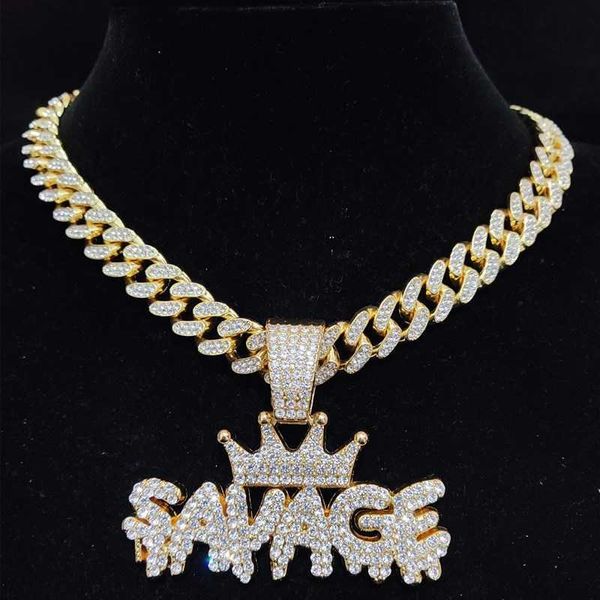 

men women hip hop crown with savage pendant necklace 13mm crystal cuban chain iced out bling hiphop necklaces fashion jewelry, Silver