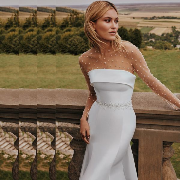 exquisite sheer mermaid wedding dresses beaded long sleeve bridal gown button back satin big bow tie rode de morrie, White
exquisite sheer mermaid wedding dresses beaded long sleeve bridal gown button back satin big bow tie rode de morrie, White