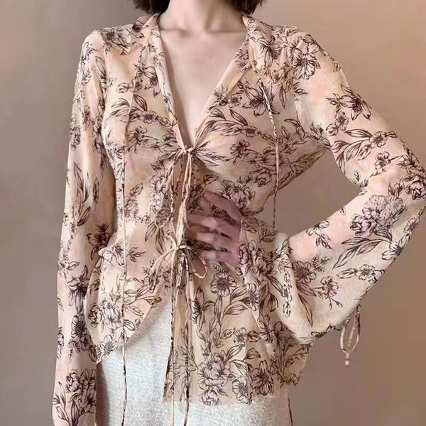 2023 designer women's flare sleeves versatile floral lace up front long sleeve shirt womens clothes, White
2023 designer women's flare sleeves versatile floral lace up front long sleeve shirt womens clothes, White