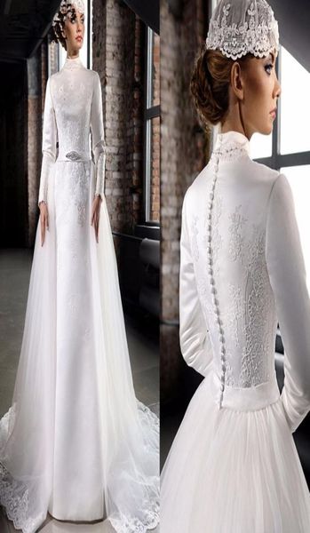 modest satin a line muslim wedding dresses high neck satin long sleeves lace applique beaded bridal gowns with tulle detachable tr1093457, White
modest satin a line muslim wedding dresses high neck satin long sleeves lace applique beaded bridal gowns with tulle detachable tr1093457, White