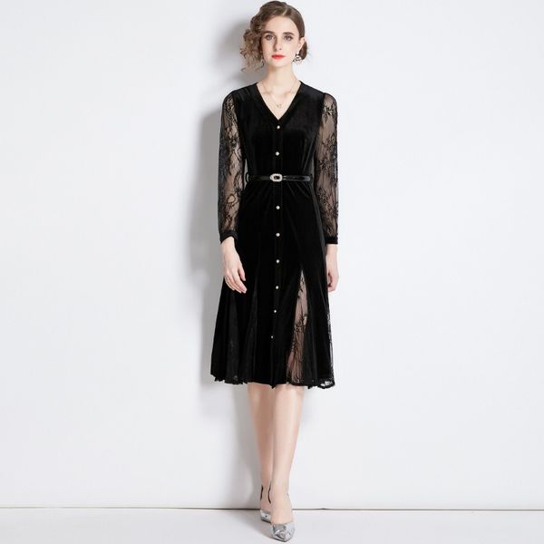 2023 new summer european style women's cardigan long sleeve v-neck single-breasted lace stitching velvet dress, Black;gray
2023 new summer european style women's cardigan long sleeve v-neck single-breasted lace stitching velvet dress, Black;gray