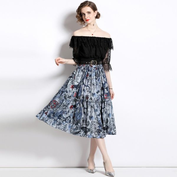 2023 new summer european station fashion women's mid sleeve lace shirt print skirt suit skirt, Black;gray
2023 new summer european station fashion women's mid sleeve lace shirt print skirt suit skirt, Black;gray