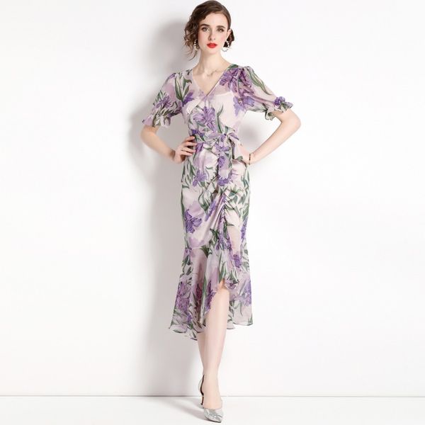 2023 summer new item european station fashion women's fishtail skirt short sleeve v-tie print chiffon dress, Black;gray
2023 summer new item european station fashion women's fishtail skirt short sleeve v-tie print chiffon dress, Black;gray