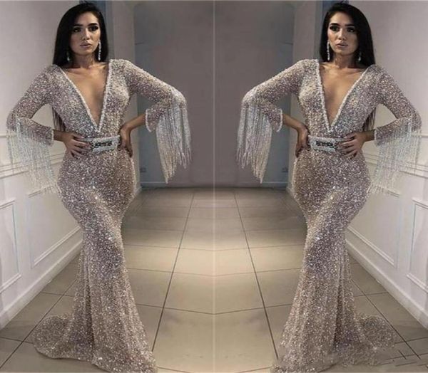 sparkly silver prom dresses bling bling sequined mermaid evening gowns deep v neck long sleeves with tassel arabic formal party dr6331487, Black
sparkly silver prom dresses bling bling sequined mermaid evening gowns deep v neck long sleeves with tassel arabic formal party dr6331487, Black