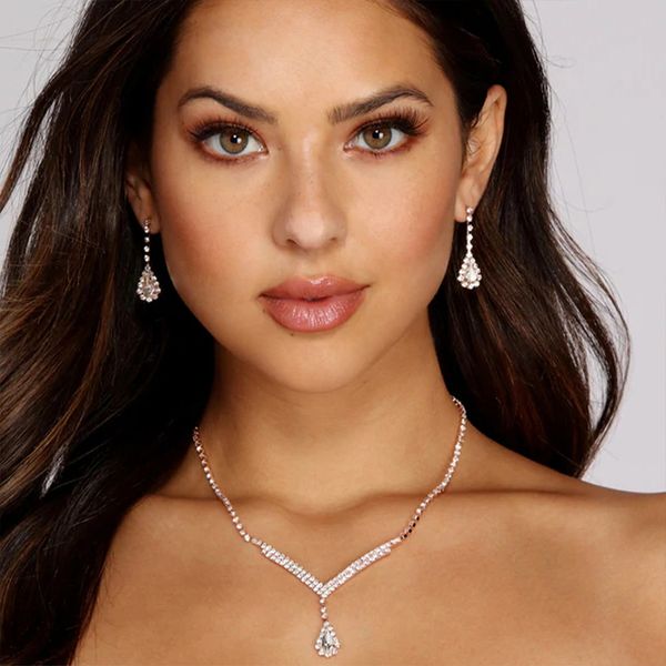 sparkle unique design rhinestone necklace personality v-shaped pendant water drop earrings wedding jewelry set female necklace06, Silver
sparkle unique design rhinestone necklace personality v-shaped pendant water drop earrings wedding jewelry set female necklace06, Silver