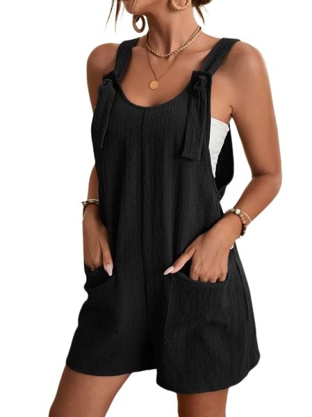 women jumpsuits summer adjustable strap knot front pockets shorts overalls rompers, Black;white
women jumpsuits summer adjustable strap knot front pockets shorts overalls rompers, Black;white