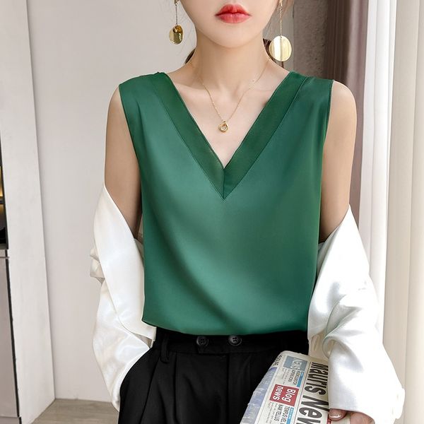 

Women's Top Undershirt Ice Silk Vest Spring Summer and Autumn Sweet V-neck Mesh Panels Wide Shoulders Small Vest Suspenders Solid Color Large Size 3 Liters, Dousha green