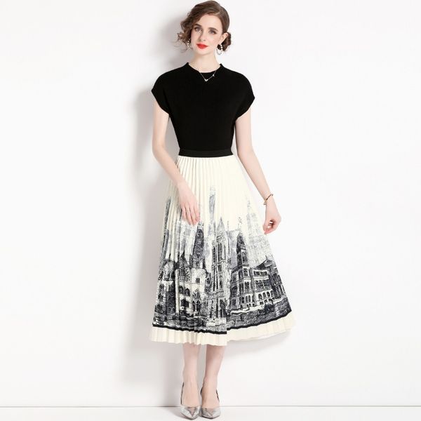 2023 spring new item european station women's black knitwear high waist print skirt pleated skirt two-piece suit e027, Black;gray
2023 spring new item european station women's black knitwear high waist print skirt pleated skirt two-piece suit e027, Black;gray