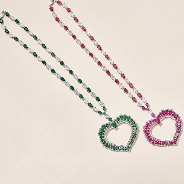 exquisite fashion women lady necklace inlay red green diamond big heart pendant plated gold color drop-shaped clavicle chain, Silver