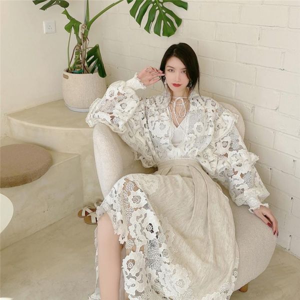 dress gorgeous lace hollow stitching petal sleeve loose blouse for ladies summer twopiece highwaist asymmetric gorgeous skirt, White
dress gorgeous lace hollow stitching petal sleeve loose blouse for ladies summer twopiece highwaist asymmetric gorgeous skirt, White
