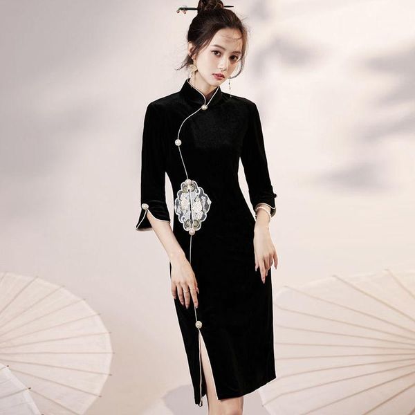 

dresses vintage velvet embroidery cheongsam dress women stand collar slit chinese style dress female elegant floral young modern qipao, Black;gray