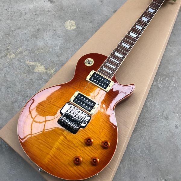 electric guitar with rosewood fingerboard, cream binding, dual vibrato bridge, smoke explosion flame maple chrome hardware
electric guitar with rosewood fingerboard, cream binding, dual vibrato bridge, smoke explosion flame maple chrome hardware