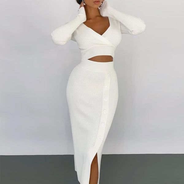 dress elegant ribbed knitted skirts outfits vneck blouse & button slit skirts suits women casual long sleeve solid slim 2pc sets, White
dress elegant ribbed knitted skirts outfits vneck blouse & button slit skirts suits women casual long sleeve solid slim 2pc sets, White