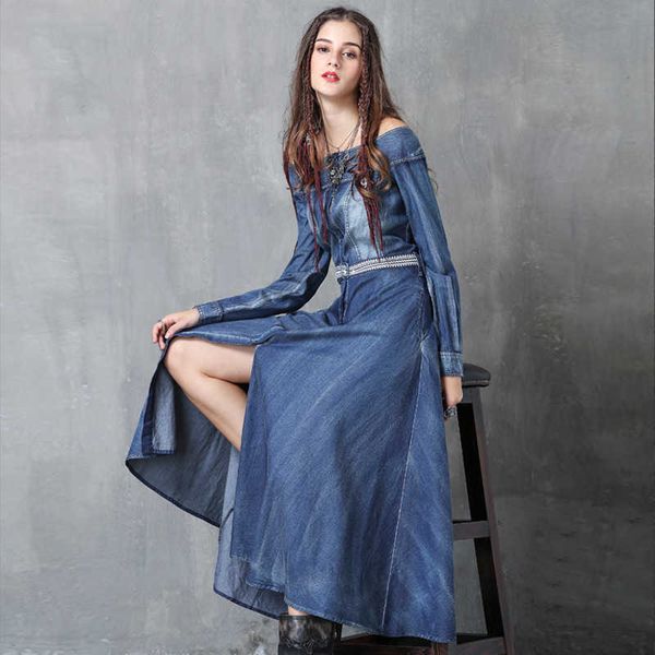 embroidered neck cattle off shoulder denim long skirt autumn women's temperament long sleeve dress, Black;gray
embroidered neck cattle off shoulder denim long skirt autumn women's temperament long sleeve dress, Black;gray