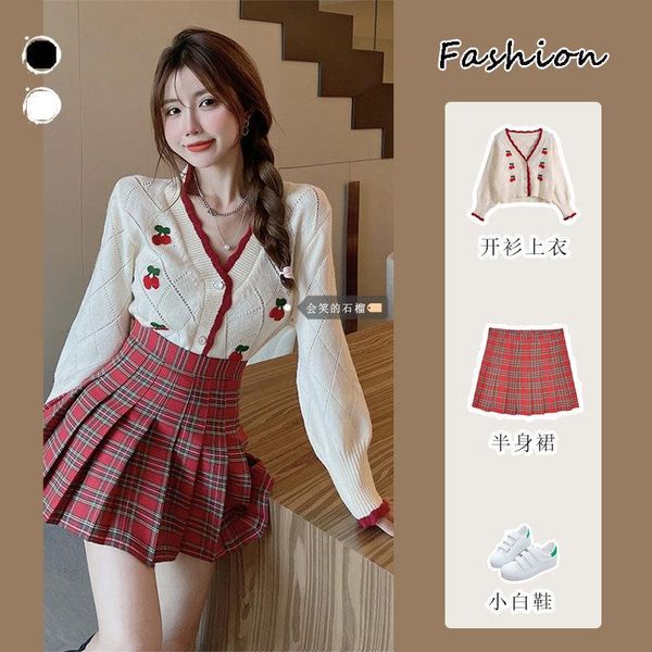 dress korean style longsleeved knitted cardigan short jacket + female autumn highwaist plaid pleated skirt twopiece suit, White
dress korean style longsleeved knitted cardigan short jacket + female autumn highwaist plaid pleated skirt twopiece suit, White