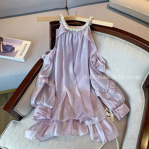 french high-end purple pearl hanging neck satin dress for women summer new style fairy off shoulder skirt, Black;gray
french high-end purple pearl hanging neck satin dress for women summer new style fairy off shoulder skirt, Black;gray
