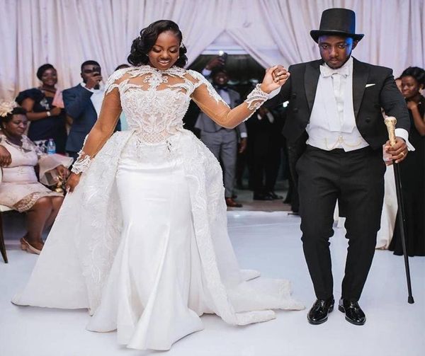 african plus size 2021 satin wedding dresses with detachable train high neck lace appliqued long sleeve mermaid bridal gowns vesti1682079, White
african plus size 2021 satin wedding dresses with detachable train high neck lace appliqued long sleeve mermaid bridal gowns vesti1682079, White