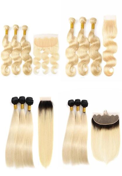 613 peruvian body wave 13x4 lace frontal with bundles platinum ombre blonde pre plucked full lace band frontal closure weave2560713, Black;brown