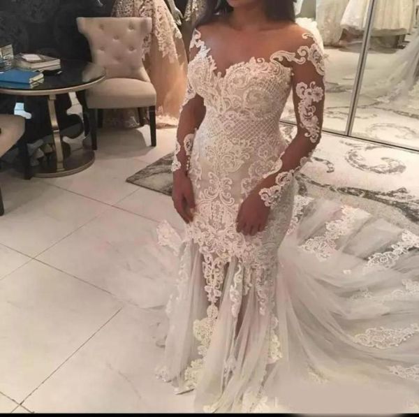 mermaid lace wedding dresses with sheer neckline appliques illusion long sleeves wedding dress see through tulle long train b9467682, White
mermaid lace wedding dresses with sheer neckline appliques illusion long sleeves wedding dress see through tulle long train b9467682, White