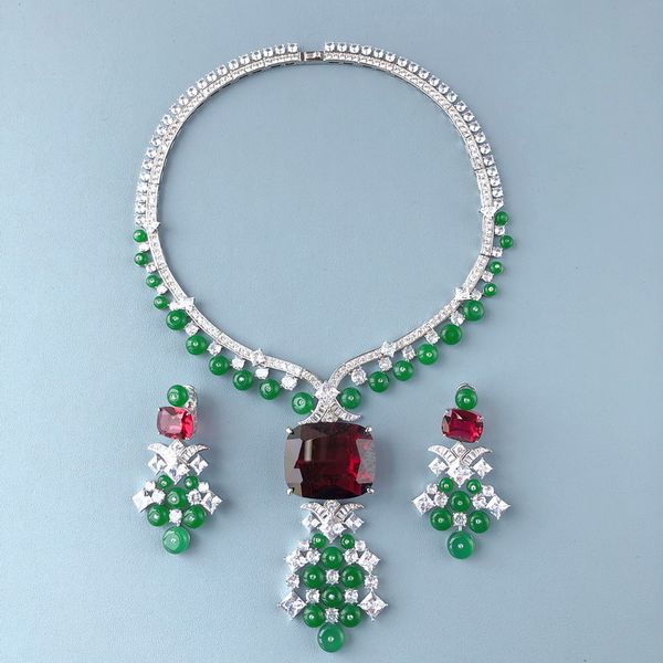 designer collection party choker necklace stud earrings women lady tassels inlay zircon diamond synthetic ruby big pendant green beads chain, Silver
designer collection party choker necklace stud earrings women lady tassels inlay zircon diamond synthetic ruby big pendant green beads chain, Silver