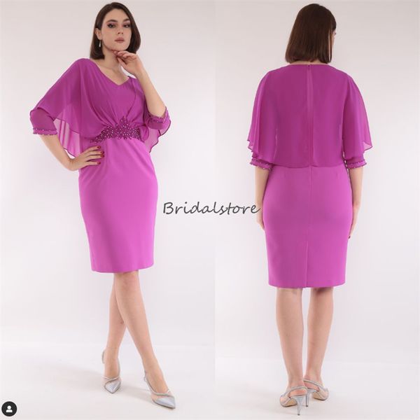 fuchsia mother of the bride dress with cape 2023 elegant knee length short wedding guest dress beaded sleeves mom evening party chic short f, Black;red
fuchsia mother of the bride dress with cape 2023 elegant knee length short wedding guest dress beaded sleeves mom evening party chic short f, Black;red